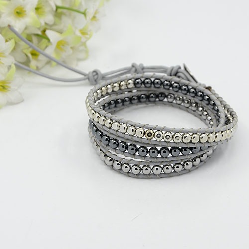 PandaHall Fashionable Three Loops Leather Wrap Bracelets, with Round Gemstone Beads and Stainless Steel Findings, Silver, Hematite...