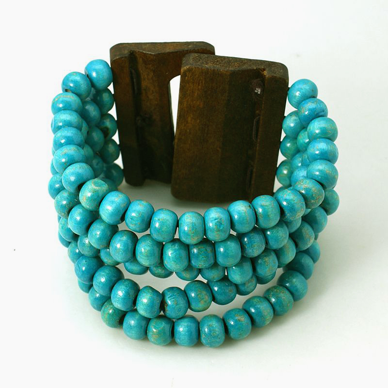 PandaHall Wood Beads Multi strand Bracelets, with Five Row and Wood Clasps, Turquoise, 7-7/8"(20cm) Wood Green