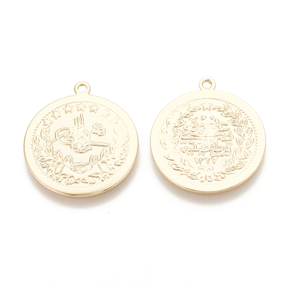 PandaHall Brass Pendants, Flat Round, Real Gold Plated, 28.5x25x1mm, Hole: 1.8mm Brass Flat Round