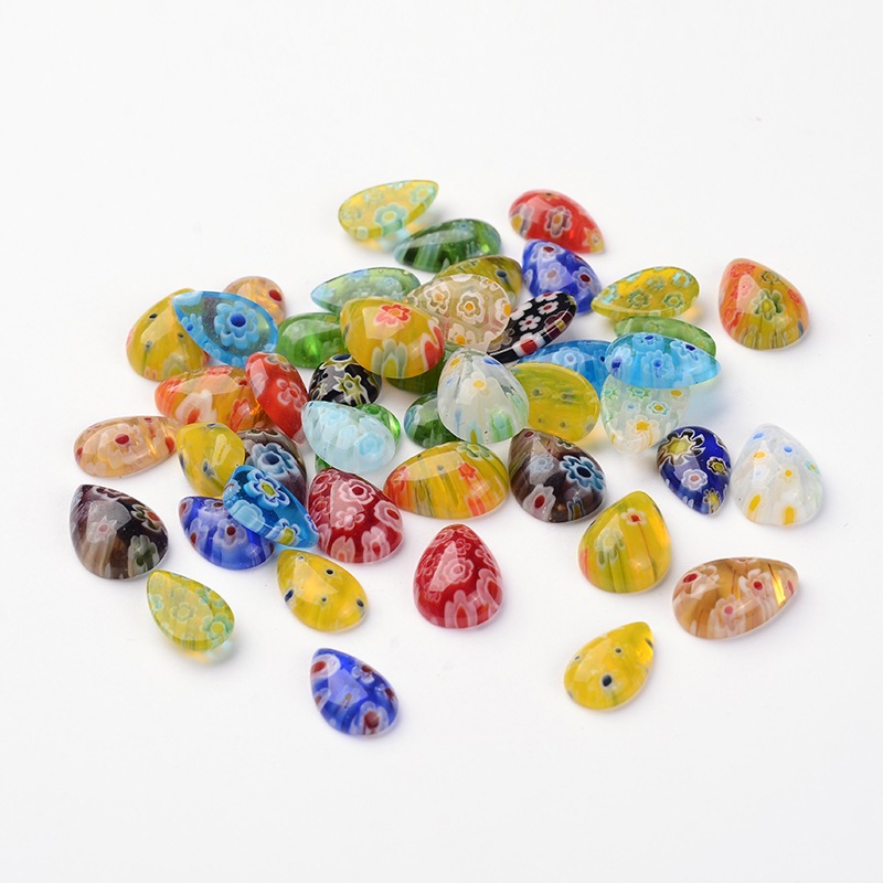 PandaHall Drop Millefiori Glass Cabochons, Mixed Color, 13~14x8~10x3~5mm; about 200g/bag Millefiori Lampwork Drop Multicolor