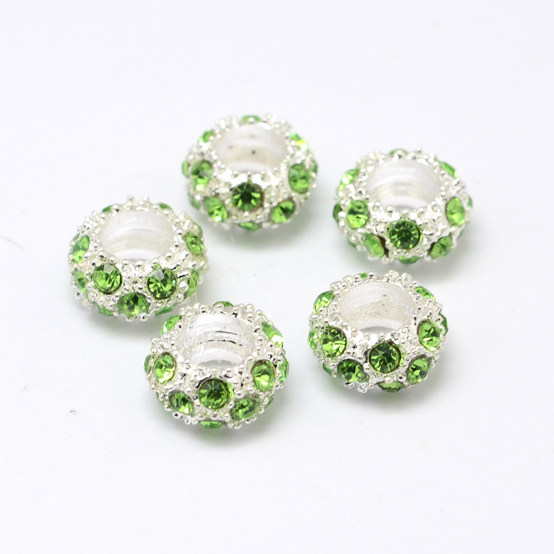 PandaHall Alloy Rhinestone European Beads, Large Hole Beads, Rondelle, Silver Metal Color, Peridot, 11x6mm, Hole: 5mm Rondelle Green
