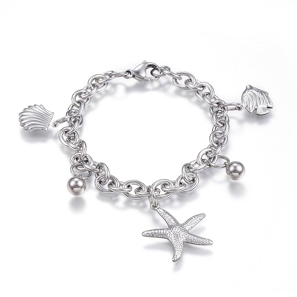 PandaHall 304 Stainless Steel Charm Bracelets, Starfish, Stainless Steel Color, 7-1/2"(190mm)x6mm Stainless Steel