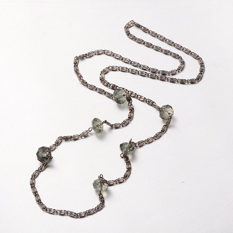 PandaHall Black Tone Iron Lumachina Chains Necklaces, with Faceted Glass Rondelle Beads, Gray, 31.4" Glass Gray