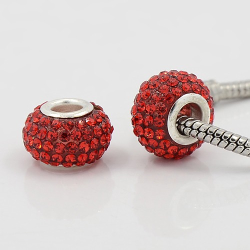 PandaHall Grade A Rhinestone European Beads, Big Hole Spacer Rondelle Beads Fit Charm Bracelets, Resin, with Silver Color Brass Core, Red...