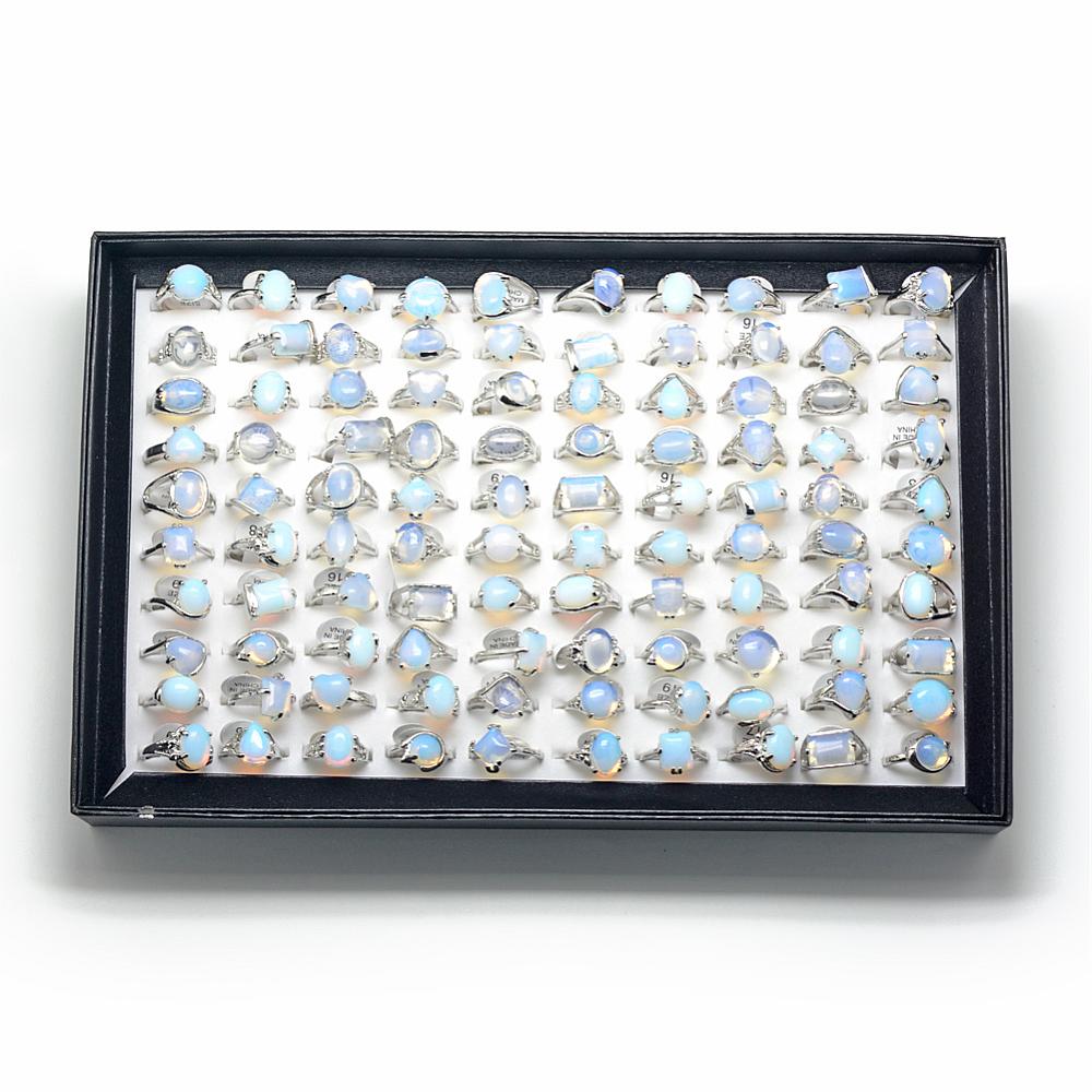 PandaHall Opalite Rings, with Alloy Findings, Mixed Size, 16~19mm; 100pcs/box Opalite