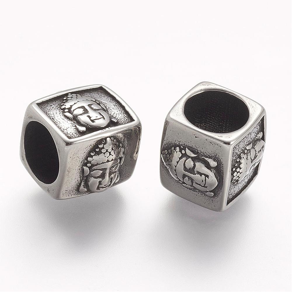 PandaHall 304 Stainless Steel Beads, Cube, Large Hole Beads, Antique Silver, 13x12.5x12mm, Hole: 8mm Stainless Steel Cube