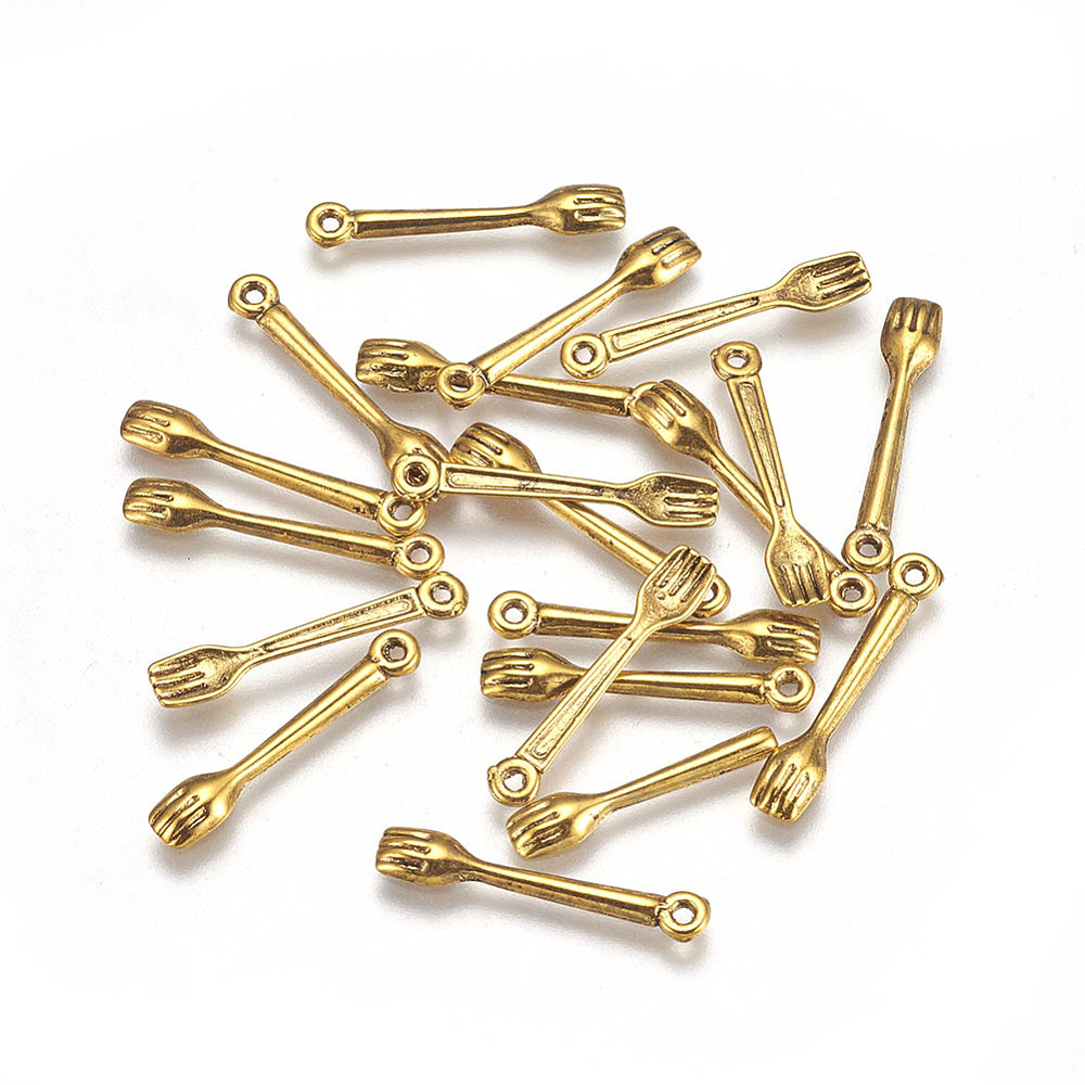 PandaHall Tibetan Silver Fork Pendants, Kitchen Utensil Pendants, Antique Golden, Lead Free & Cadmium Free; 25x4.5x2mm, Hole: 2mm Alloy...