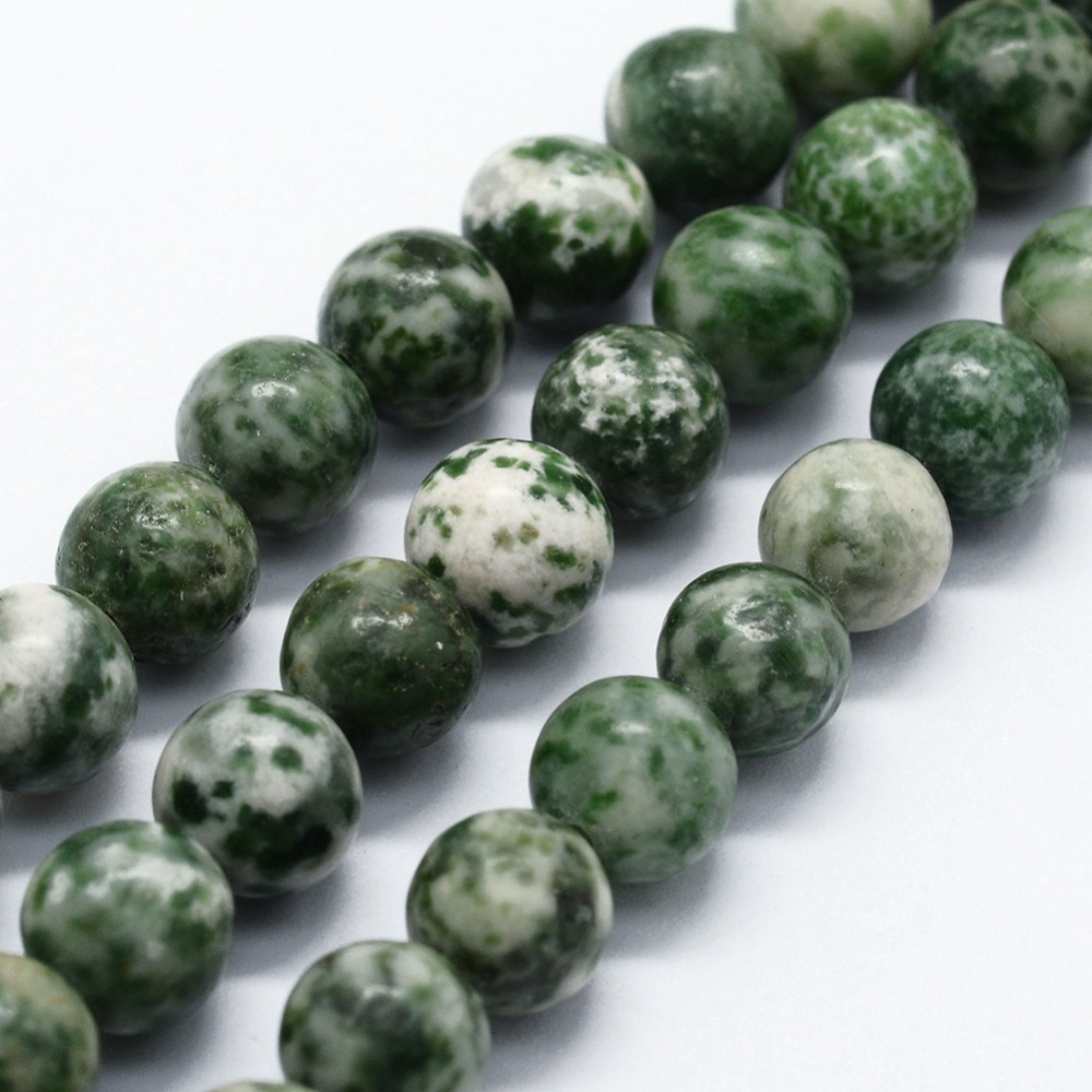 PandaHall Natural Green Spot Stone Beads Strands, Round, 6mm, Hole: 0.8mm; about 63pcs/strand,  14.76"(37.5cm) GreenSpot Stone Round