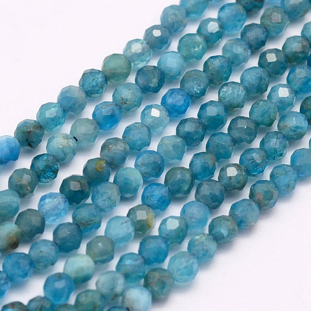 PandaHall Natural Apatite Beads Strands, Grade AA, Faceted, Round, 3mm, Hole: 0.5mm; about 132pcs/strand, 15.7"(40cm) Apatite Round Blue