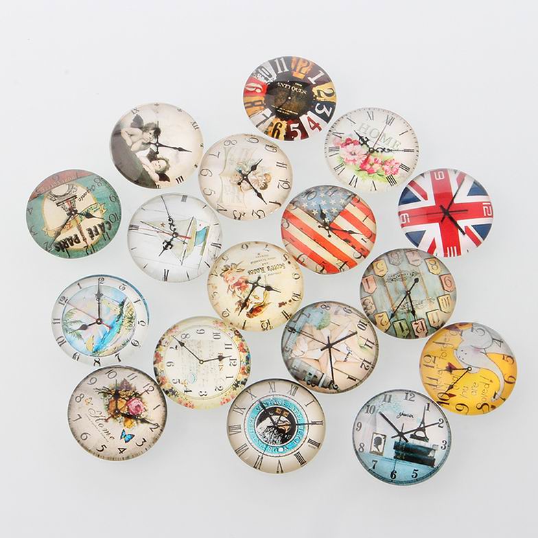 PandaHall Clock Printed Glass Cabochons, Half Round/Dome, Mixed Color, 14x5mm Glass Half Round Multicolor
