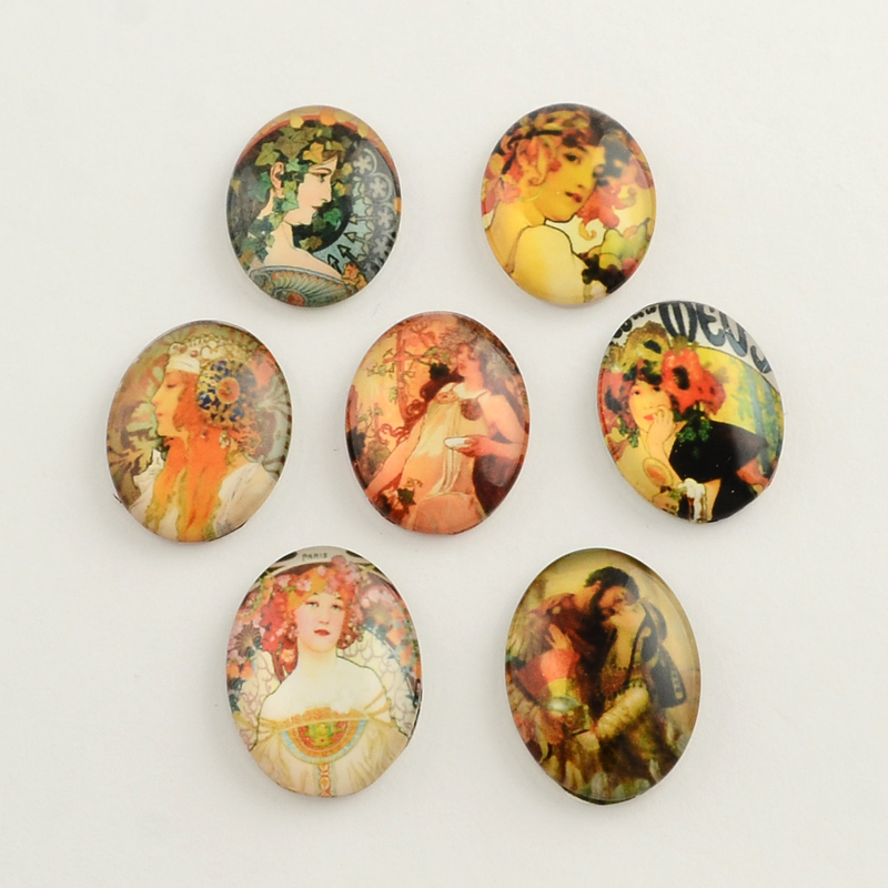 PandaHall Beautiful Woman Pattern Glass Flatback Oval Cabochons for DIY Projects, Mixed Color, 30x20x6mm Glass Oval Multicolor