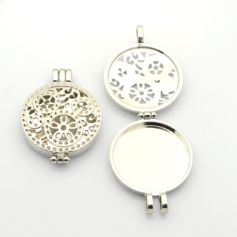 PandaHall Hollow Flat Round Photo Frames Alloy Diffuser Locket Pendants, Platinum, Tray: 30mm; 44x33x9mm, Hole: 4mm Alloy Flat Round