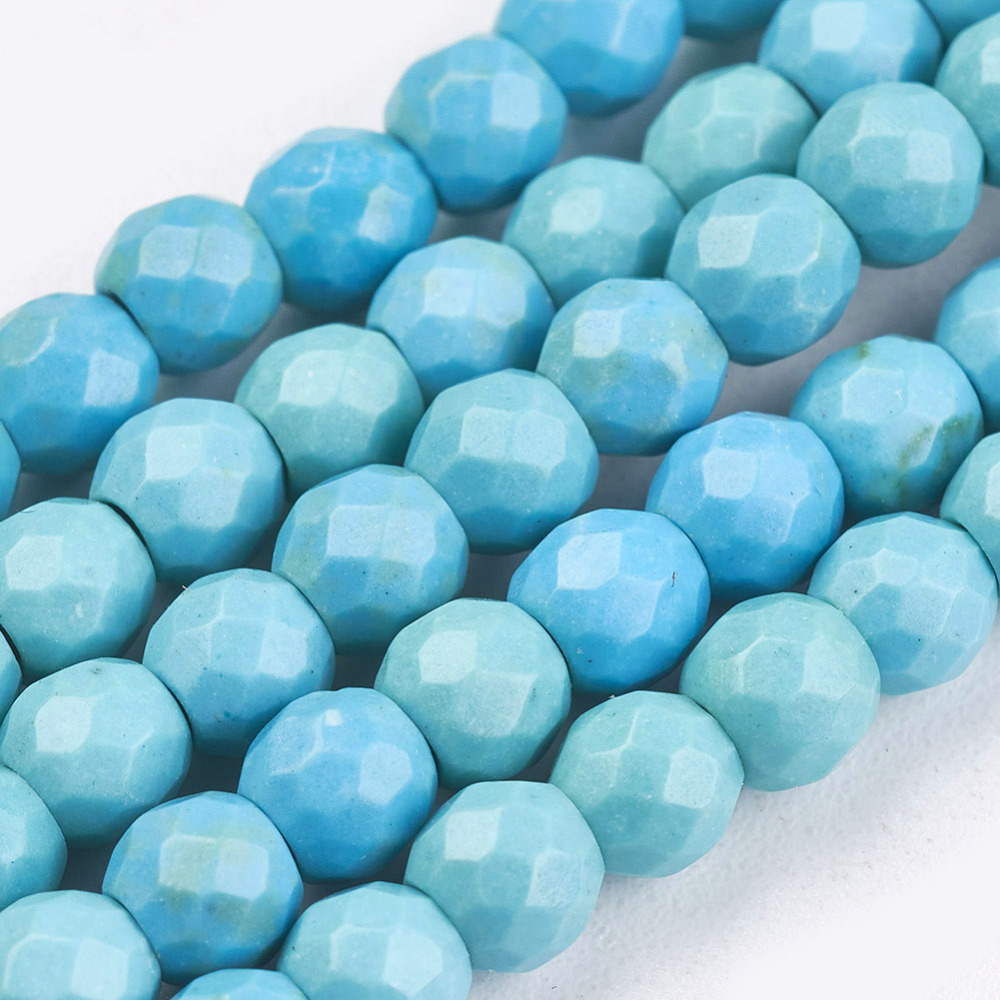 PandaHall 1 Strand Faceted Synthetic Howlite Round Beads Strands, Dyed, PaleTurquoise, 4mm, Hole: 1mm; about 94pcs/strand, 15.74" Howlite...