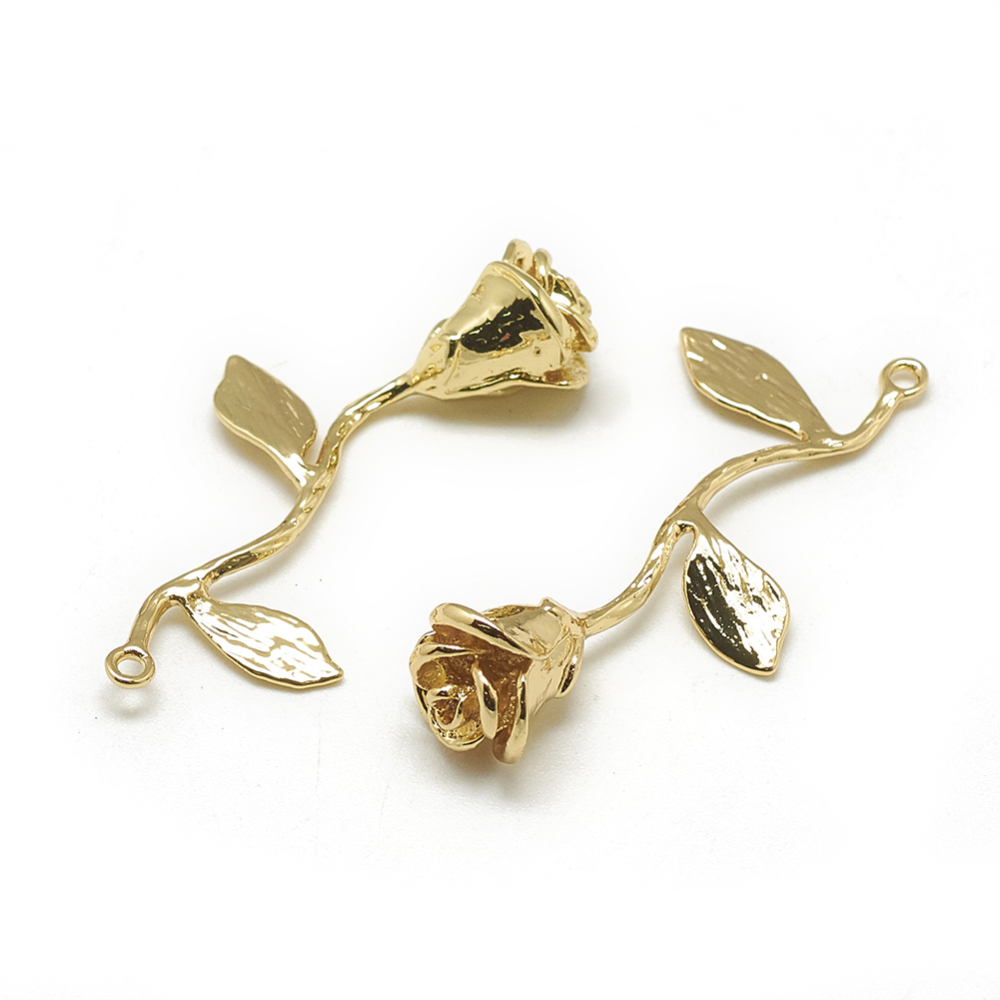 PandaHall Brass Pendants, Rose, Real 18K Gold Plated, 37x21x9mm, Hole: 1mm Brass Flower