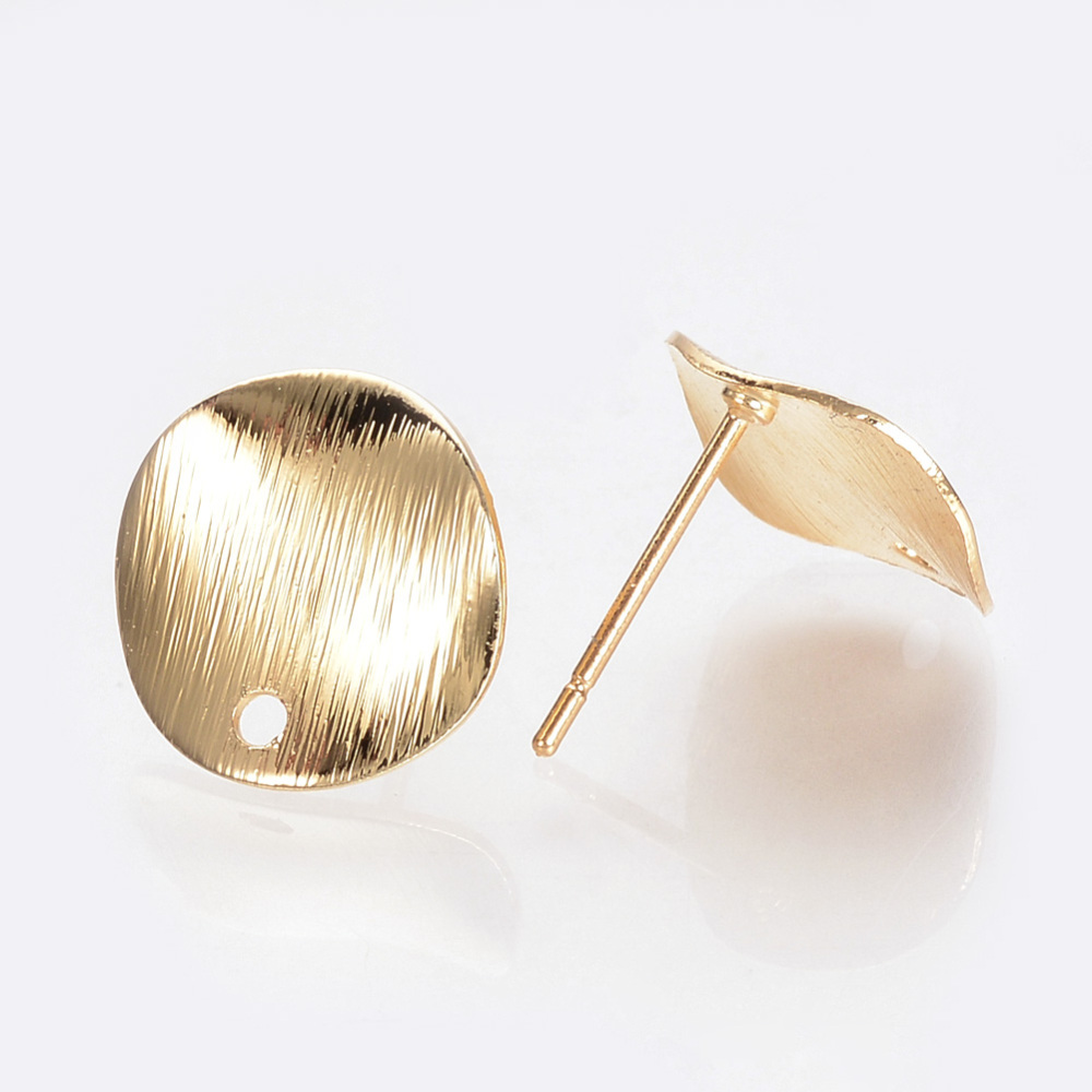 PandaHall Brass Ear Stud Findings, Real Gold Plated, Flat Round, 12mm, Hole: 1mm; pin: 0.5mm Brass