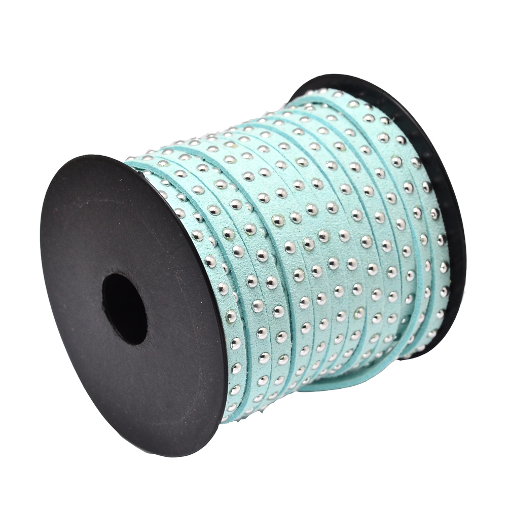PandaHall Silver Aluminum Studded Korea Faux Suede Cord, Faux Suede Lace, PaleTurquoise, 5x2mm; about 20yards/roll Suede Cyan