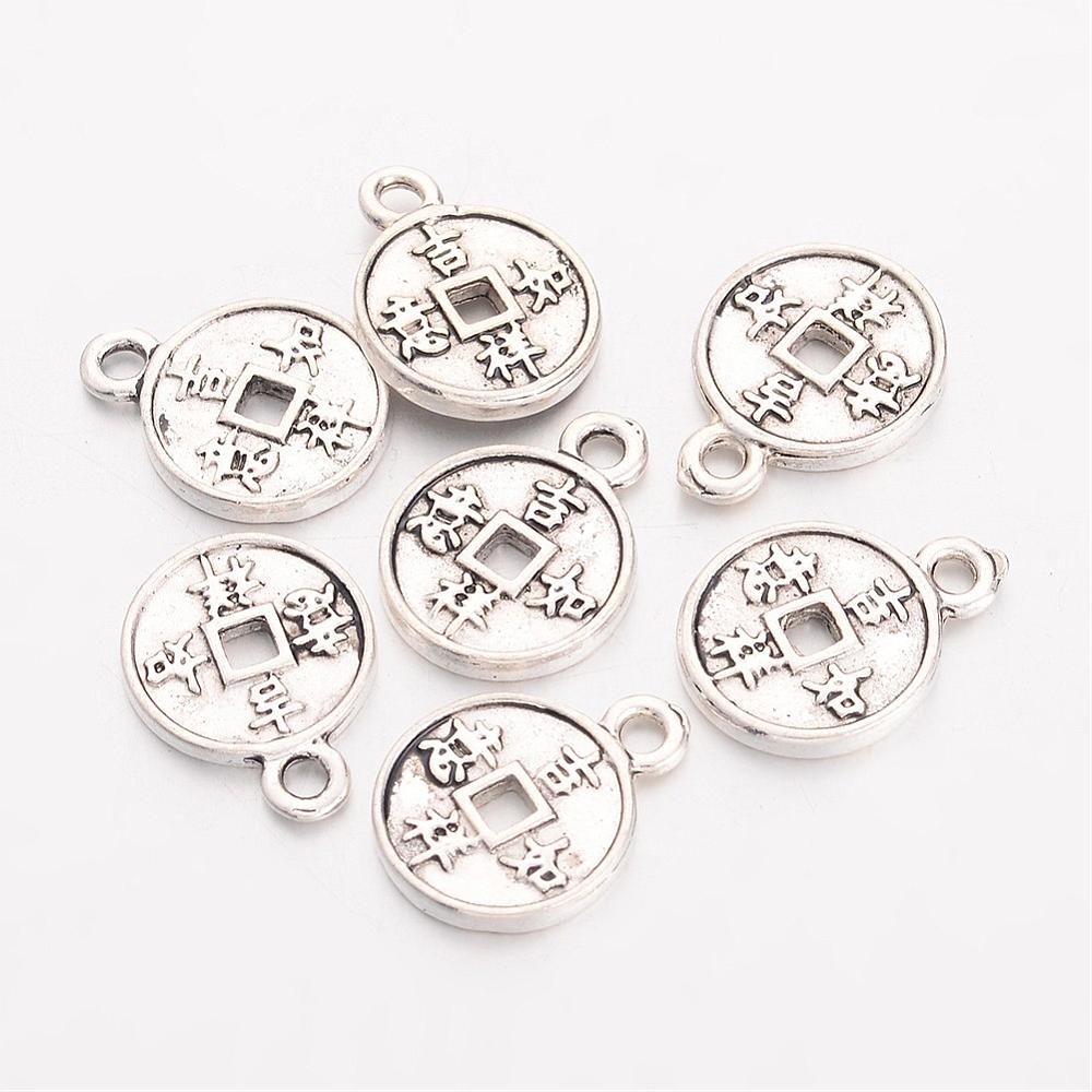PandaHall Alloy Pendants, Lead Free and Cadmium Free, Coin with Chinese Characters, Flat Round, Antique Silver, 15.5x12.5x2mm, Hole: 1.5mm...
