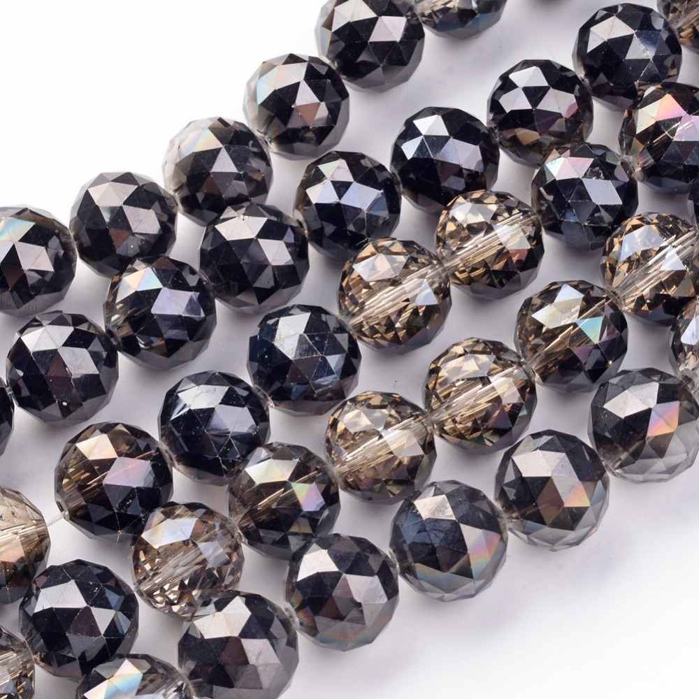 PandaHall Electroplate Glass Bead Strands, Half Plated, Faceted, Round, Black Plated, 15.5mm, Hole: 2mm; about 15pcs/strand, 8.6"(22cm)...