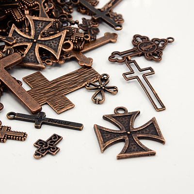 PandaHall Tibetan Style Pendants, Nickel Free, Cross, Mixed Style, Red Copper, 18~76x10~59x1.5~6mm, Hole: 1~5mm Alloy Cross