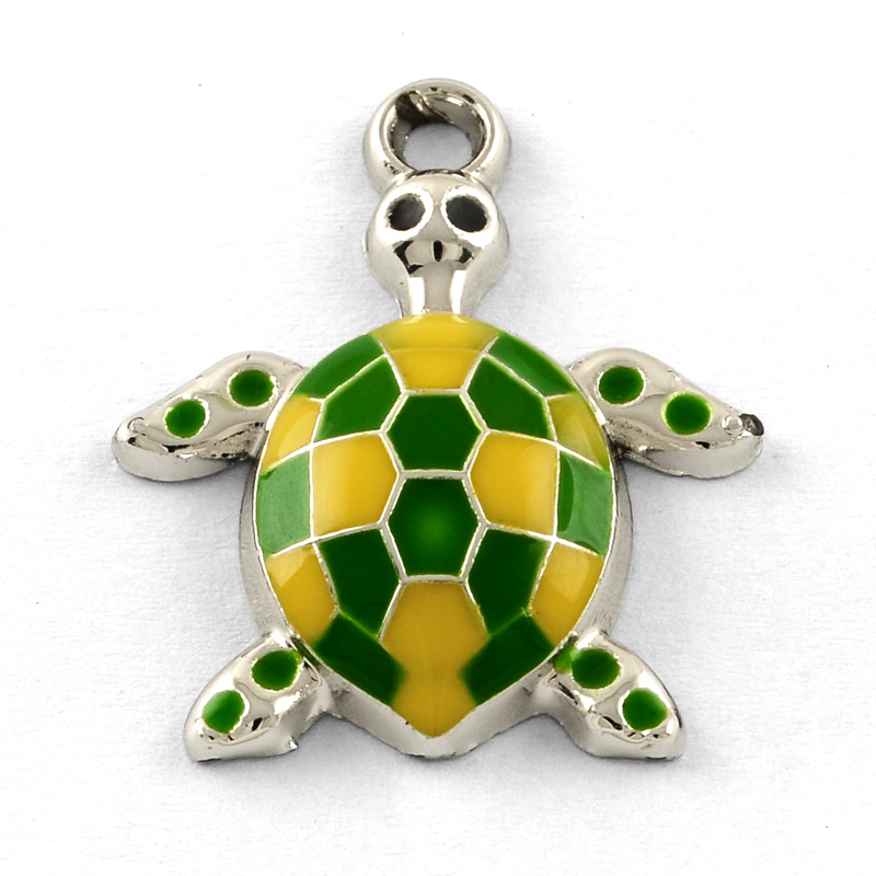 PandaHall Alloy Enamel Pendants, Tortoise, Platinum, Colorful, about 28.5mm long, 24mm wide, 5mm thick, hole: 2mm Alloy+Enamel Round