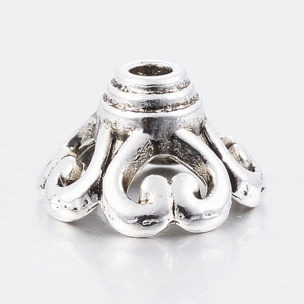 PandaHall Tibetan Style Alloy Bead Caps, 4-Petal, Antique Silver, 10.5x10.5x6.5mm, Hole: 2mm Alloy
