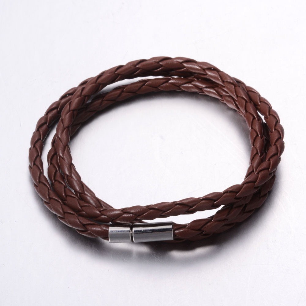 PandaHall Wrap braclelets, Imitation Leather Cord with Magnetic Clasp, Platinum, Brown, 23-5/8"(600mm); 3.5mm Imitation Leather Brown
