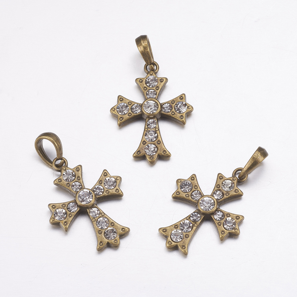 PandaHall Zinc Alloy Pendants, with Grade  A Rhinestone, Cross, Antique Bronze Color, about 23mm wide, 31mm long, 5mm thick, hole: 3mm...