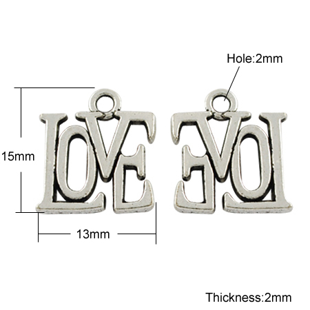 PandaHall Valentine Gifts Ideas for Her Tibetan Style Charms, Lead Free & Nickel Free, LOVE, Antique Silver, 15x13x2mm, Hole: 2mm Alloy Word