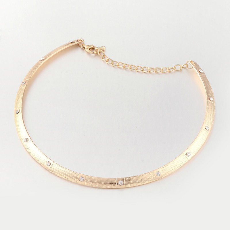 PandaHall Iron Rhinestone Torques Choker Necklaces, with Lobster Claw Clasps and Tail Chains, Light Gold, 128mm Iron