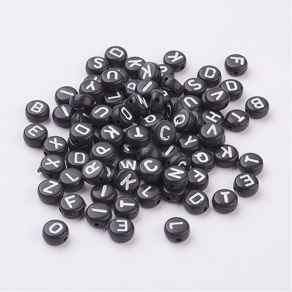 PandaHall 350pcs Mix Letters Alphabet Style Acrylic Beads, Flat Round, Black, about 7mm in diameter, 4mm thick, hole: 1mm Acrylic Flat Round...