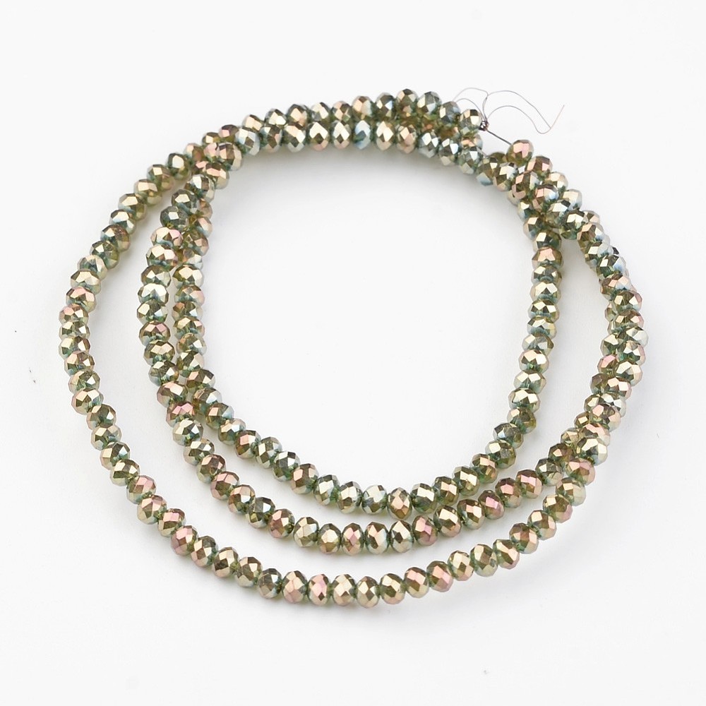 PandaHall Electroplate Glass Bead Strands, Full Rainbow Plated, Faceted, Rondelle, OliveDrab, 3x2mm, Hole: 1mm; about 196pcs/strand, 16"...