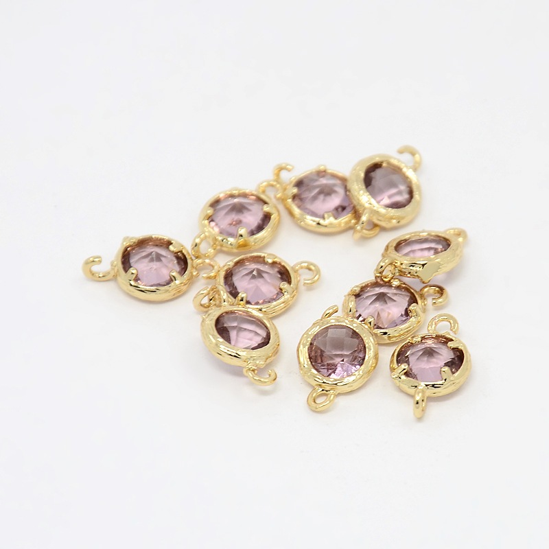 PandaHall Real Gold Plated Brass Glass Links, Faceted Flat Round, Plum, 13x8x3.5mm, Hole: 1mm Glass Flat Round Purple