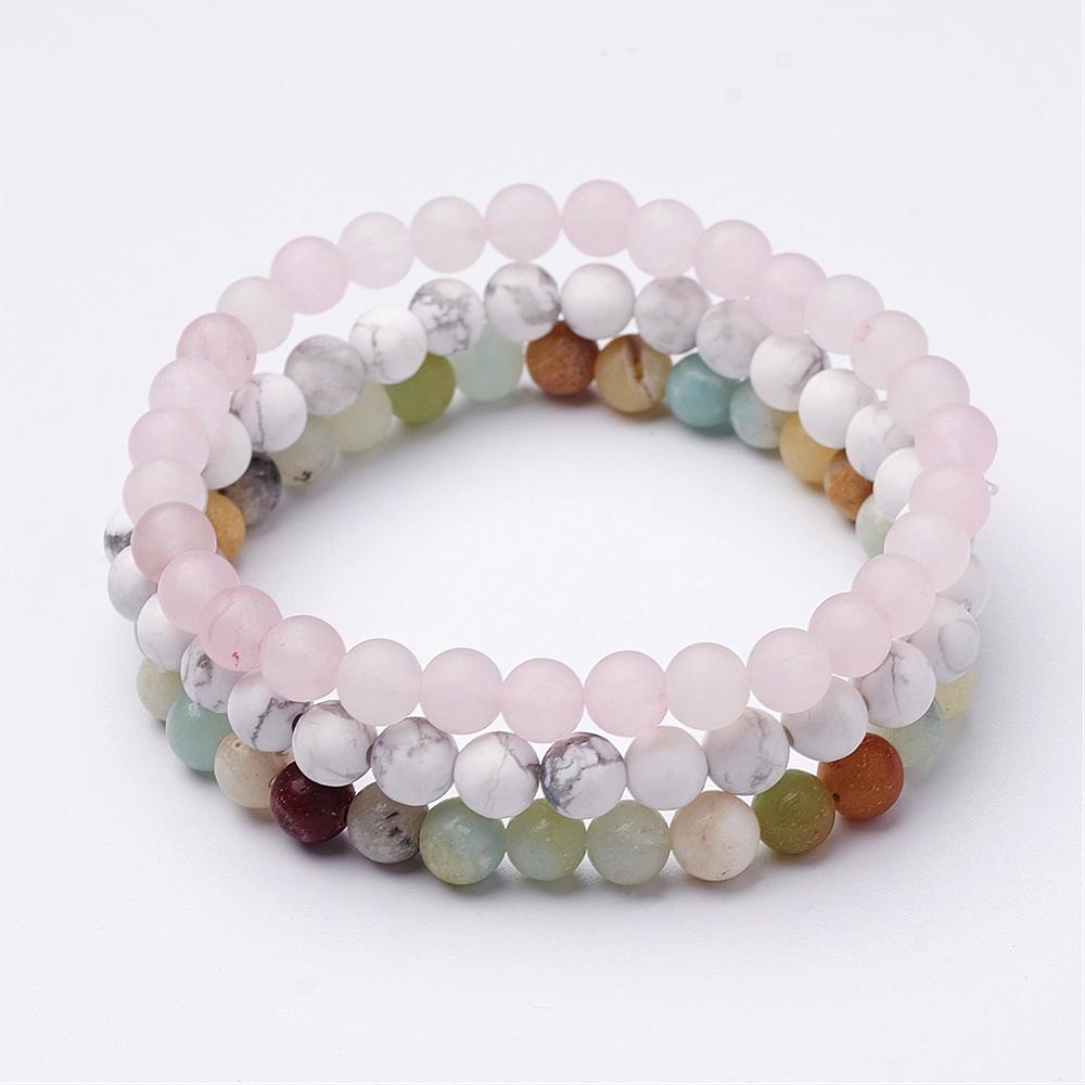 PandaHall Mixed Gemstone Beaded Stretch Bracelet Sets, Natural Amazonite, Natural Rose Quartzand Howlite, Frosted, 2-1/8"(53mm) Mixed Stone...