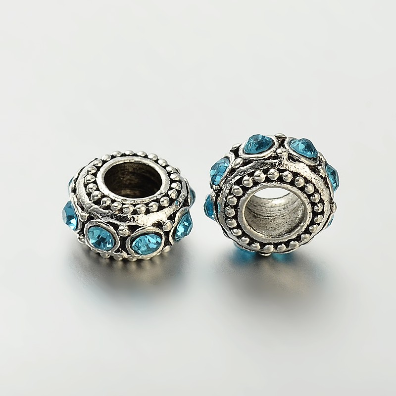 PandaHall Antique Silver Zinc Alloy Rhinestone Large Hole European Rondelle Beads, Aquamarine, 10x6mm, Hole: 4.5mm Rondelle