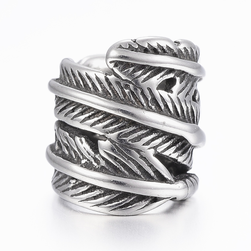 PandaHall 304 Stainless Steel Beads, Large Hole Beads, Column with Leaf, Antique Silver, 12x13mm, Hole: 8.5mm Stainless Steel Column