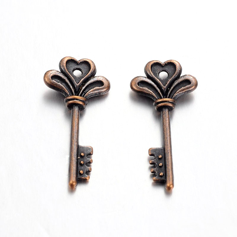 PandaHall Tibetan Style Alloy Skeleton Key Pendants, Lead Free & Nickel Free, Red Copper, 30x14x4mm, Hole: 1.5mm Alloy Key