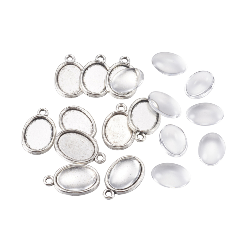 PandaHall DIY Pendant Making, with Tibetan Style Alloy Pendant Cabochon Settings and Glass Cabochons, Oval, Antique Silver, 20x12.5x1.5mm...