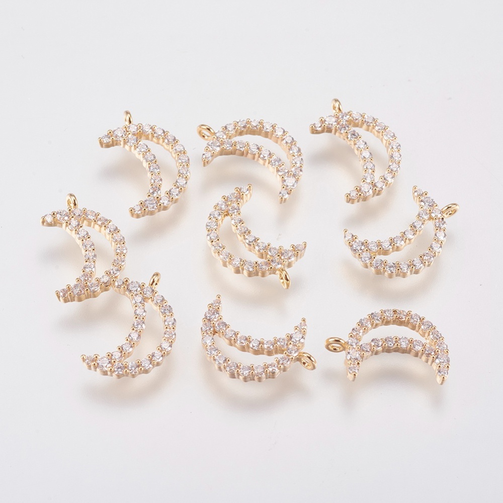 PandaHall Brass Micro Pave Cubic Zirconia Charms, Open Moon, Real Gold Plated, 12x8x2mm, Hole: 1mm Brass+Cubic Zirconia Moon Clear