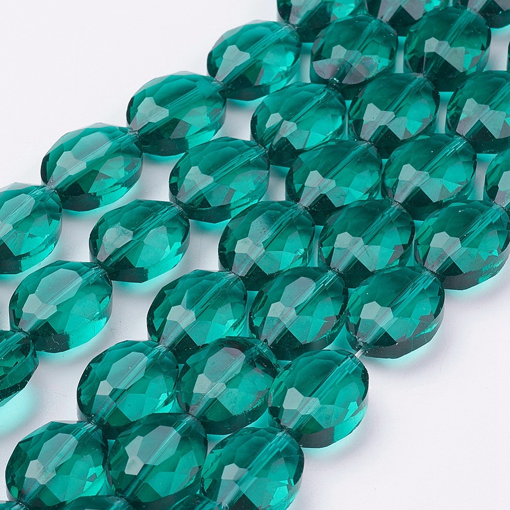 PandaHall Glass Bead Strands, Crystal Bead Strands, Faceted, Oval, Teal, 16x13x7mm, Hole: 1mm; 20pcs/strand, 12.5" Glass Oval Cyan