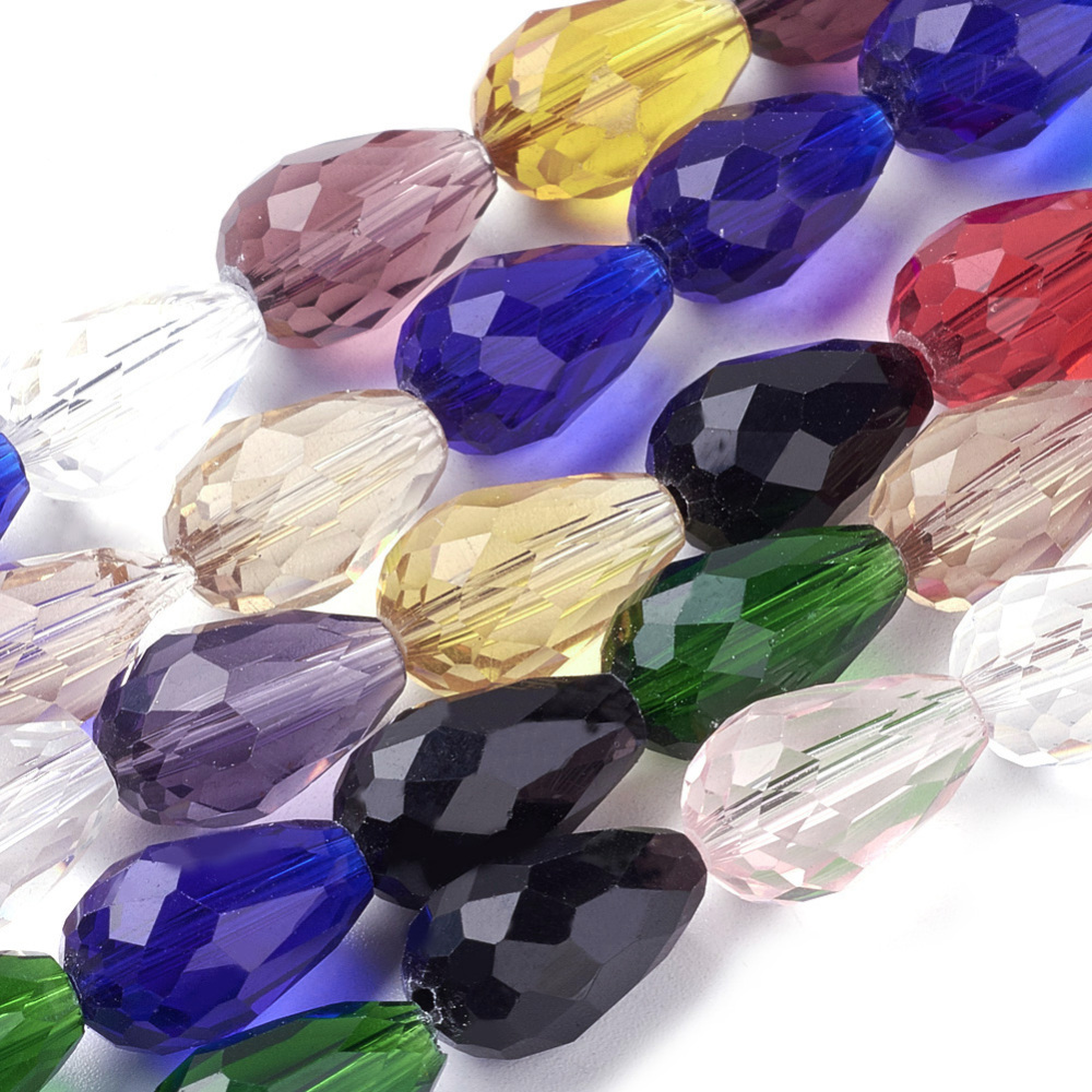 PandaHall Glass Beads Strands, Faceted, Drop, Colorful, 15x10mm; Hole: 1mm, about 50pcs/strand, 26.6" Glass Drop