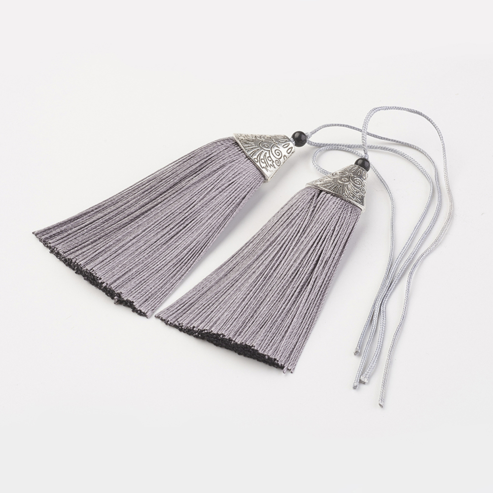 PandaHall Nylon Tassels Big Pendant Decorations, with CCB Plastic, Antique Silver, Thistle, 85x20x10.5mm Nylon Purple
