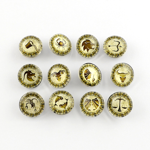 PandaHall Random Mxied Constellation/Zodiac Signs Brass Glass Buttons, Jewelry Snap Buttons, 18x10mm; Knob: 5mm Brass+Glass Flat Round