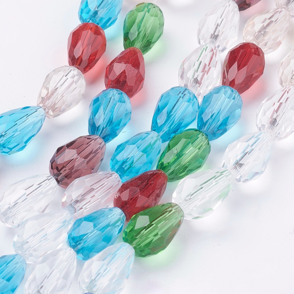 PandaHall Glass Beads Strands, Faceted, Drop, Colorful, 12x8mm; Hole: 1mm, about 60pcs/strand, 28.3" Glass Drop