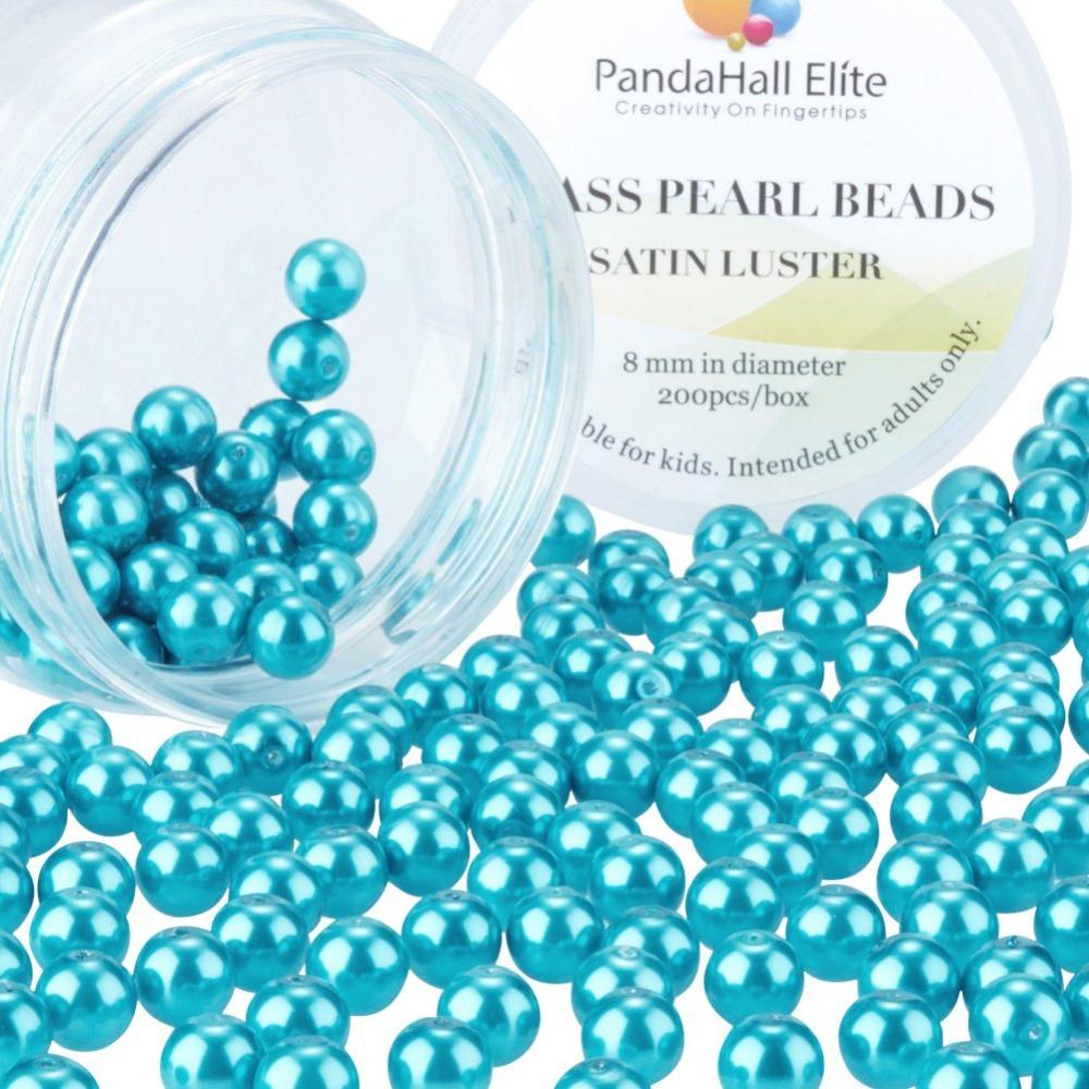 PandaHall 8mm About 200Pcs Glass Pearl Beads DeepSkyBlue Tiny Satin Luster Loose Round Beads in One Box for Jewelry Making, DeepSkyBlue, 8mm...