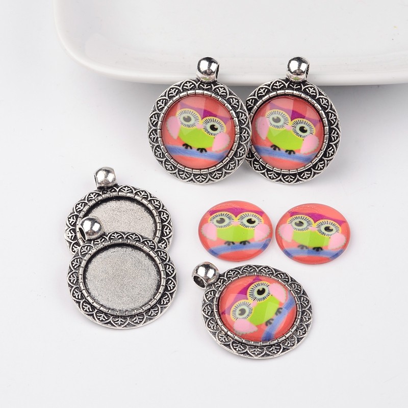 PandaHall Antique Silver Alloy Pendant Cabochon Bezel Settings and Owl Printed Glass Cabochons, Flat Round, Colorful, 26x6mm, Hole: 3.5mm;...