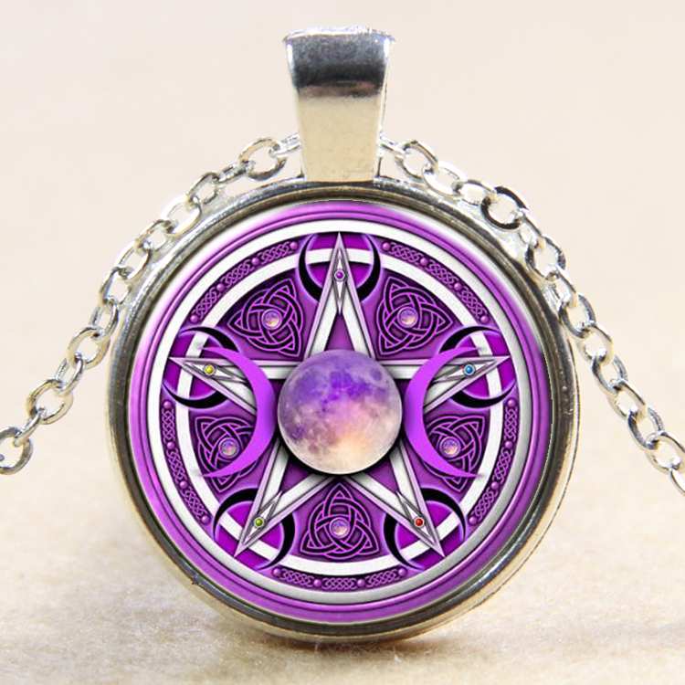 PandaHall Moon Pattern Flat Round Glass Pendant Necklaces, with Alloy Chains, Silver, 18" Alloy