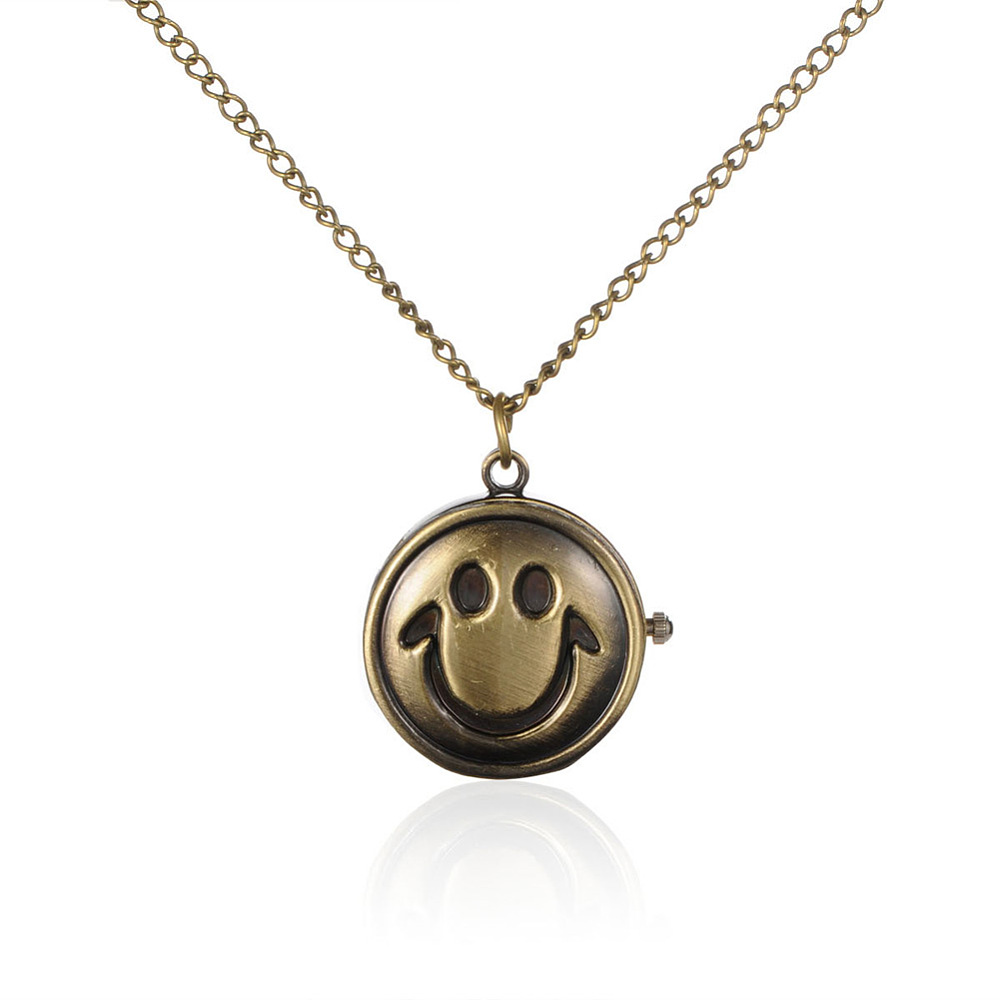 PandaHall Alloy Smiley Pendant Necklace Quartz Pocket Watch, Clamshell Watch, with Iron Chains and Lobster Claw Clasps, Flat Round, Antique...
