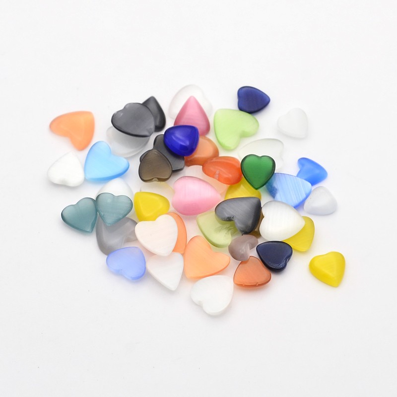 PandaHall Mixed Heart Cat Eye Cabochons, Mixed Color, 8~14x8~15x2~5mm, about 200g/bag Glass Heart Multicolor