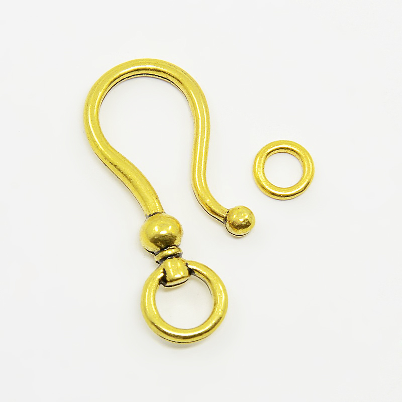 PandaHall Tibetan Style S Hook Clasps, Cadmium Free & Lead Free, Antique Golden, S Hook: 38x16x8mm; Ring: 8mm, Hole: 5mm Alloy