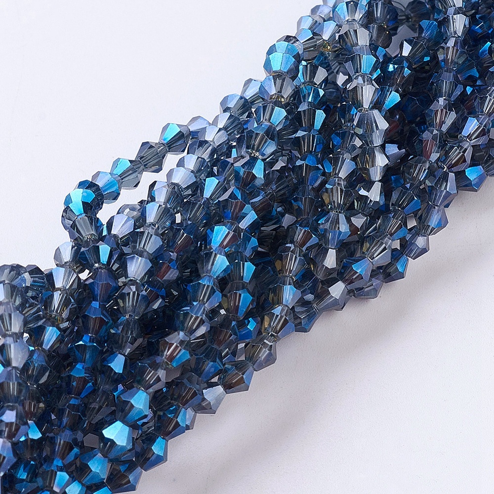 PandaHall Electroplate Glass Beads Strands, Full Plated, Faceted, Bicone, MarineBlue, 3x3mm, Hole: 1mm; about 150pcs/strand, 13.8" Bicone...